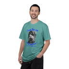 Man wearing a teal t-shirt with graphic design and text on a white background
