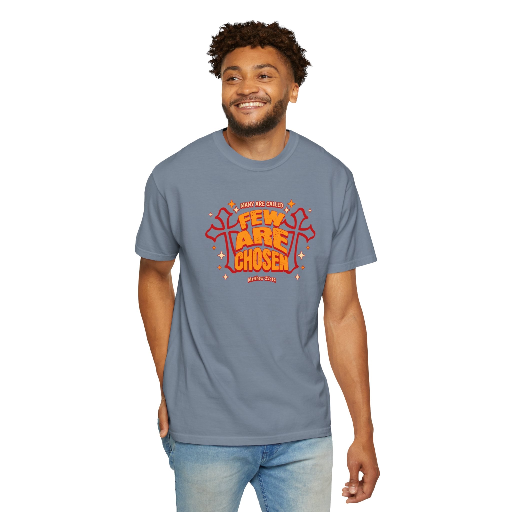 Man wearing a gray t-shirt with red and orange graphic design on a white background
