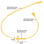 Gold bracelet with cross charm labeled '304 Stainless Steel Real Gold Plated' on a white background
