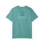 Teal t-shirt with a graphic and text on the back against a white background