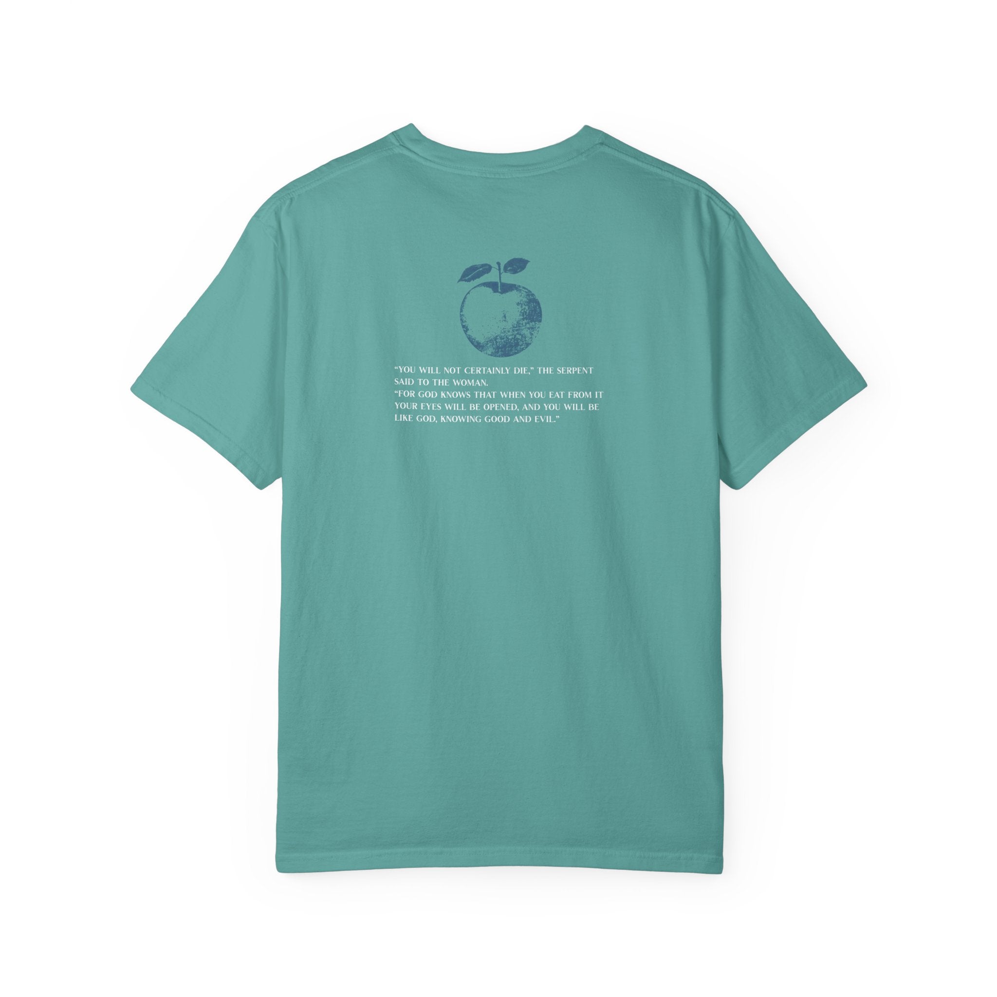 Teal t-shirt with a graphic and text on the back against a white background
