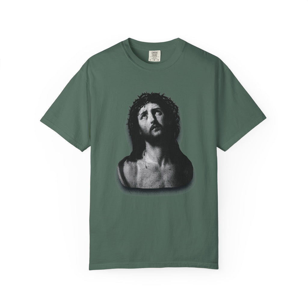 Green t-shirt with a black and white graphic on a white background