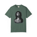 Green t-shirt with a black and white graphic on a white background