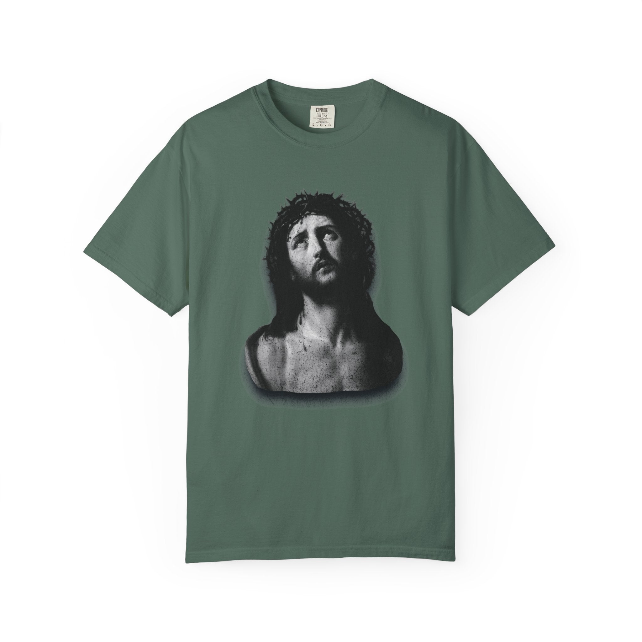 Green t-shirt with a black and white graphic on a white background