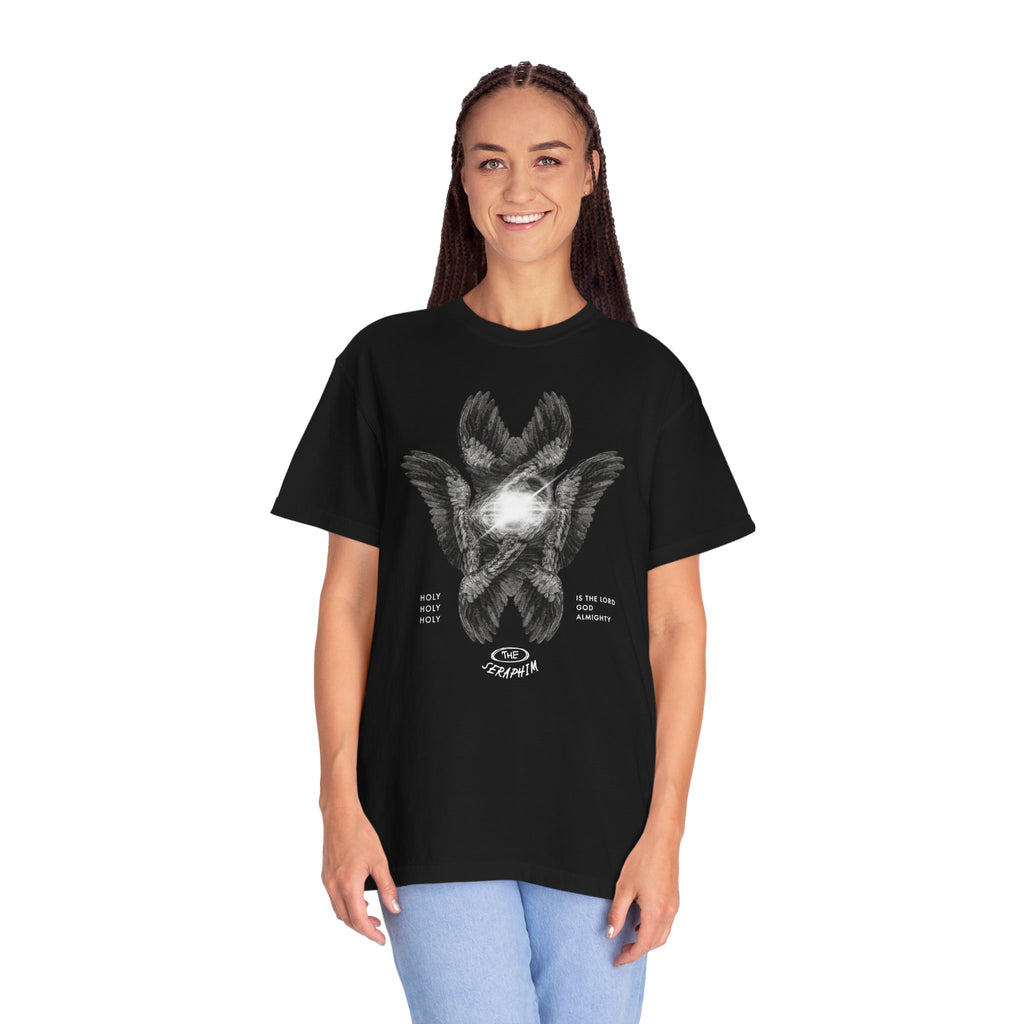 Person wearing a black t-shirt with a graphic design on a white background