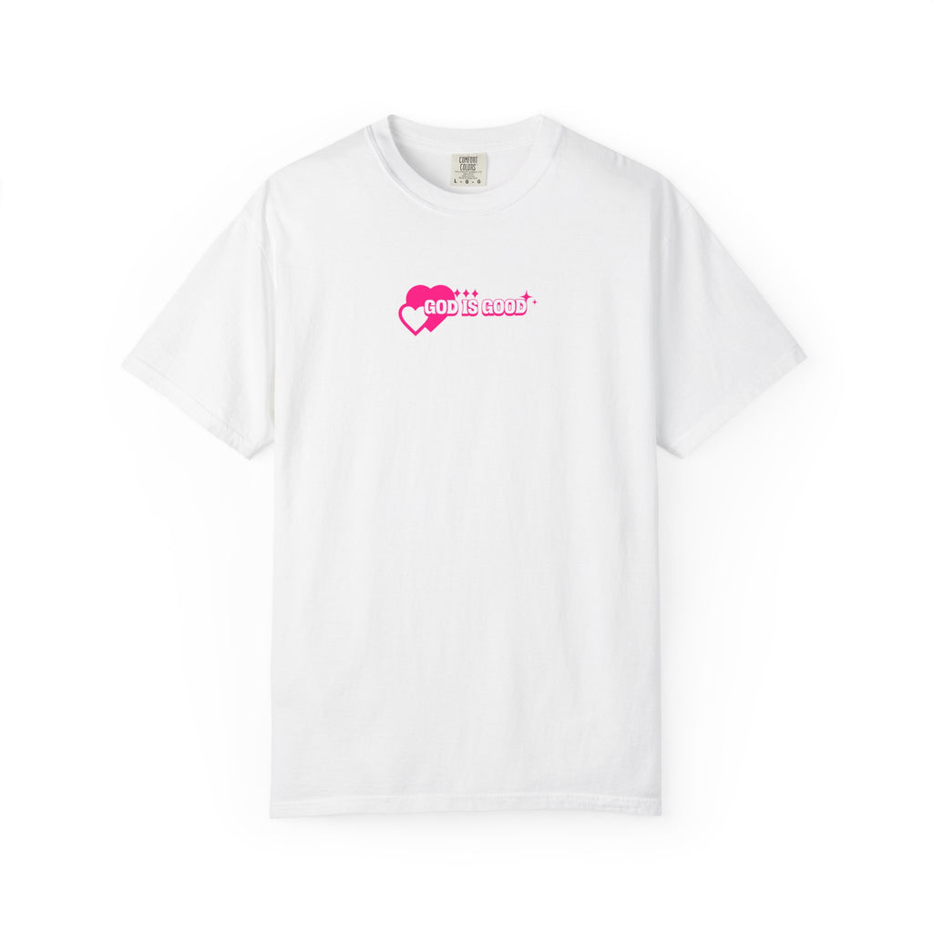 White t-shirt with pink logo on a white background
