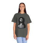 Person wearing a t-shirt with a graphic design on a white background