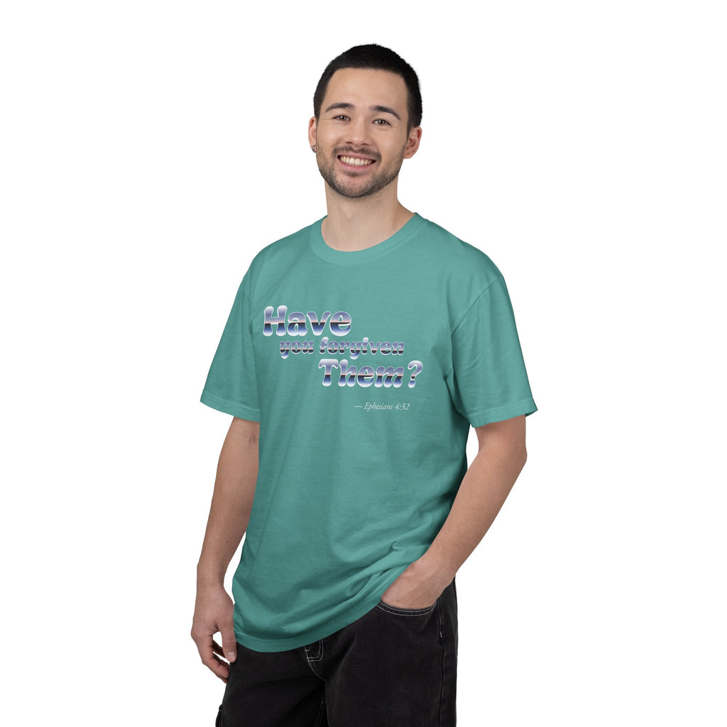 Man wearing a teal t-shirt with 'U.S.A.' text on a white background