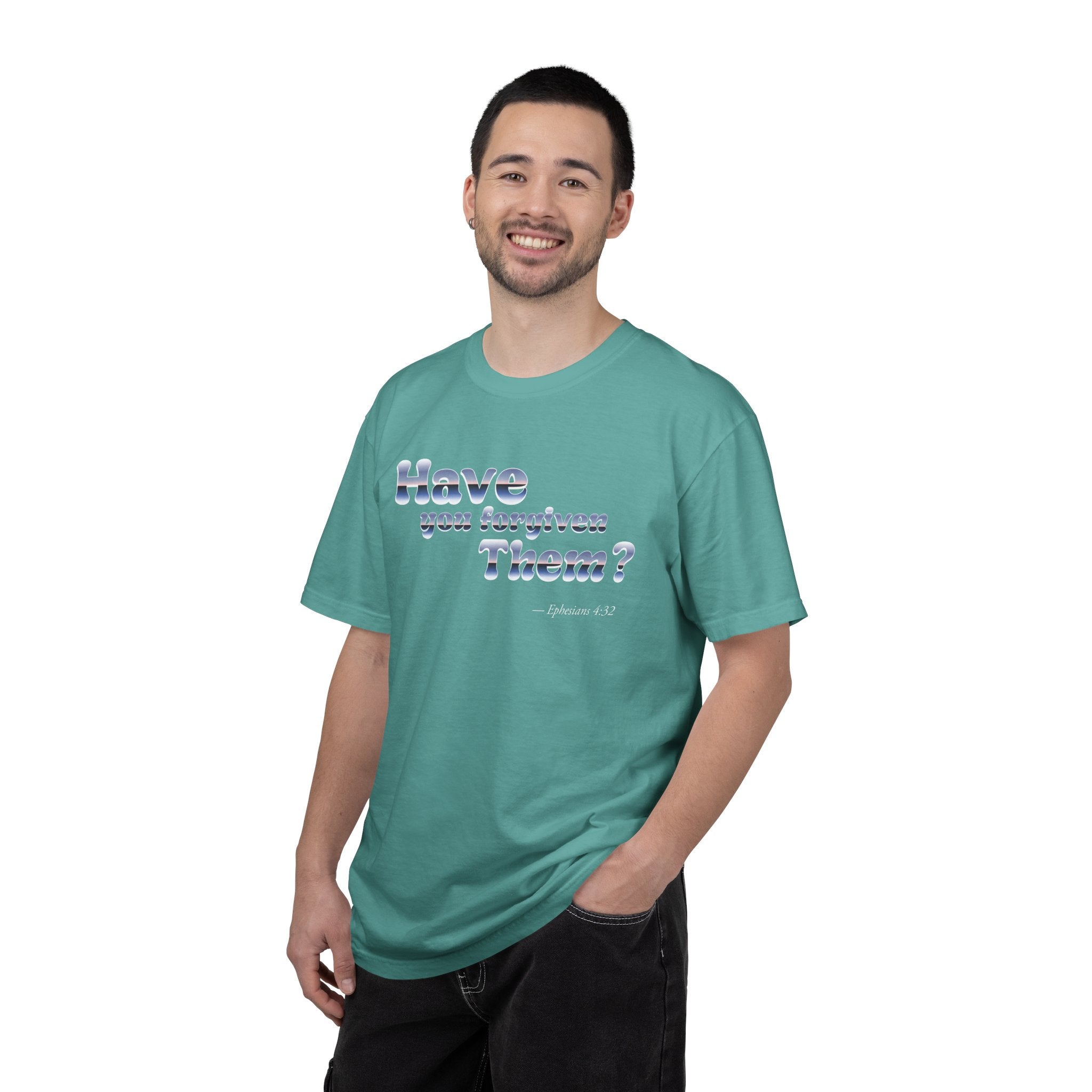 Man wearing a teal t-shirt with 'U.S.A.' text on a white background