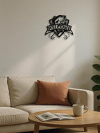 Decorative wall art with 'Welcome' text above a living room setup with a couch, coffee table, and plant.