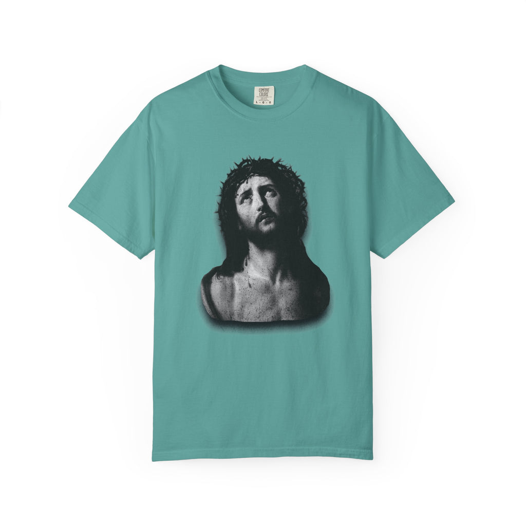 Teal t-shirt with a black and white graphic of a classical sculpture on a white background
