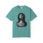 Teal t-shirt with a black and white graphic of a classical sculpture on a white background