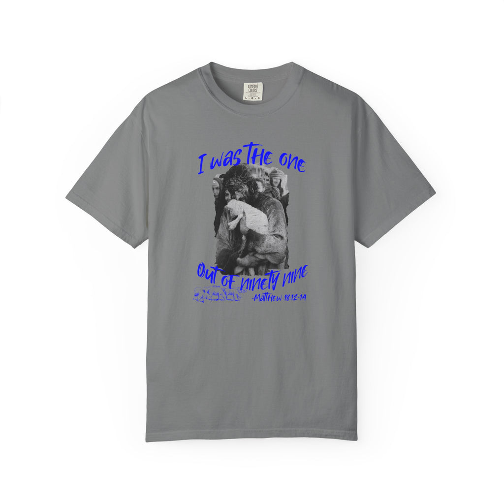 Gray t-shirt with graphic design and text on a white background