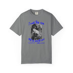 Gray t-shirt with graphic design and text on a white background