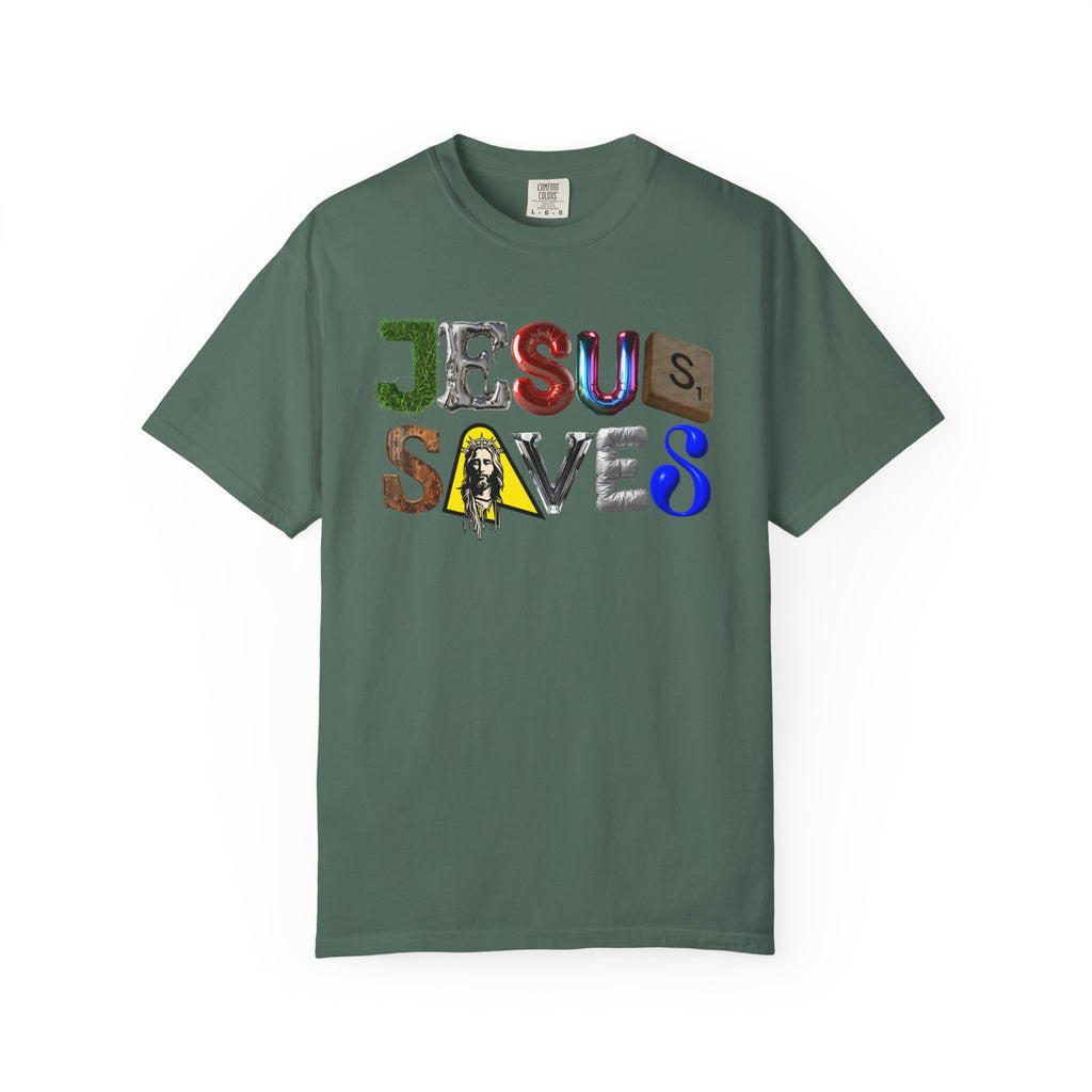 Green t-shirt with 'Jesus Saves' text design on a white background