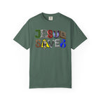 Green t-shirt with 'Jesus Saves' text design on a white background