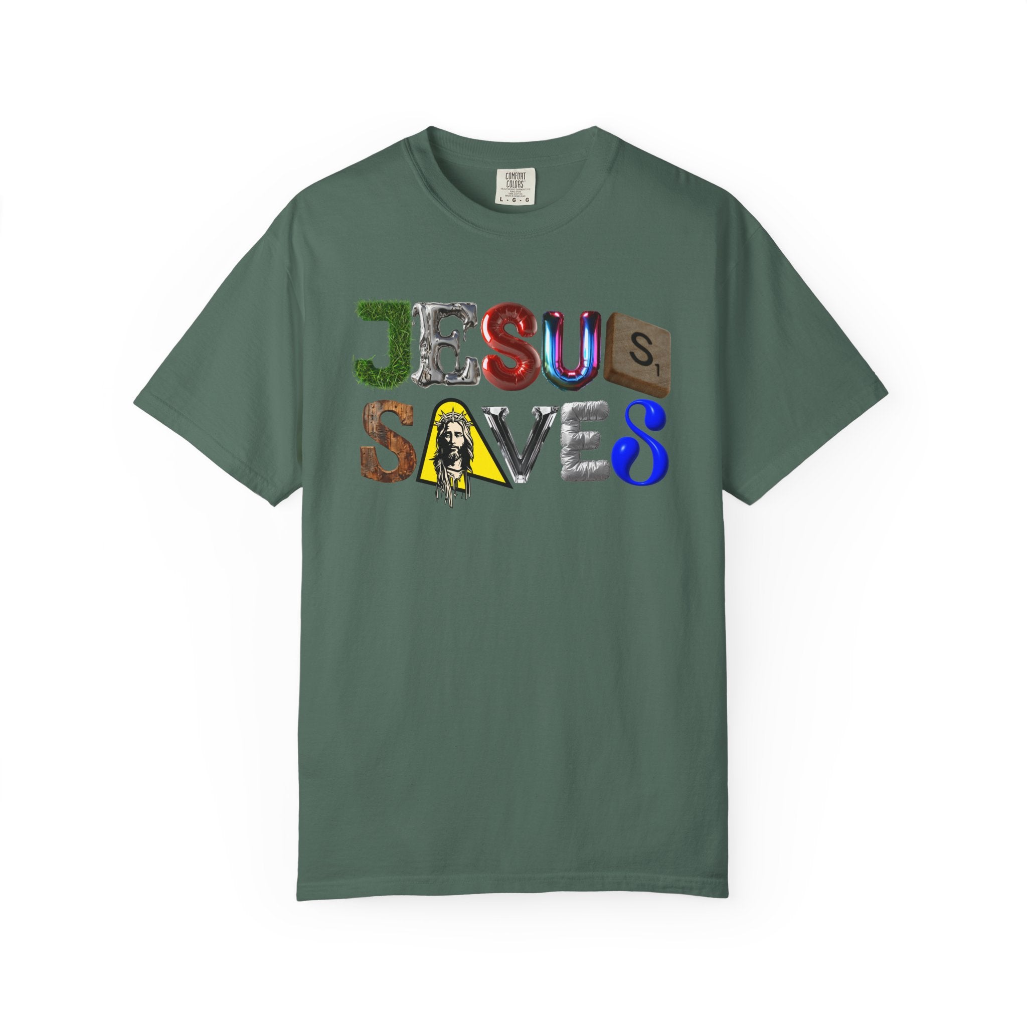 Green t-shirt with 'Jesus Saves' text design on a white background