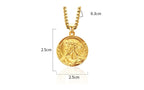 Gold necklace with a coin pendant, showing measurements on a white background