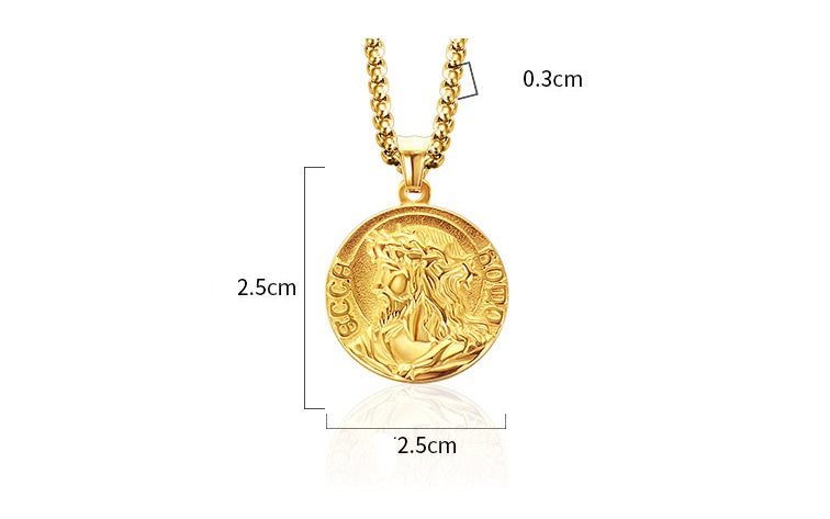 Gold necklace with a coin pendant, showing measurements on a white background