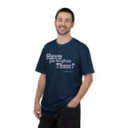 Man wearing a navy blue t-shirt with text on a white background
