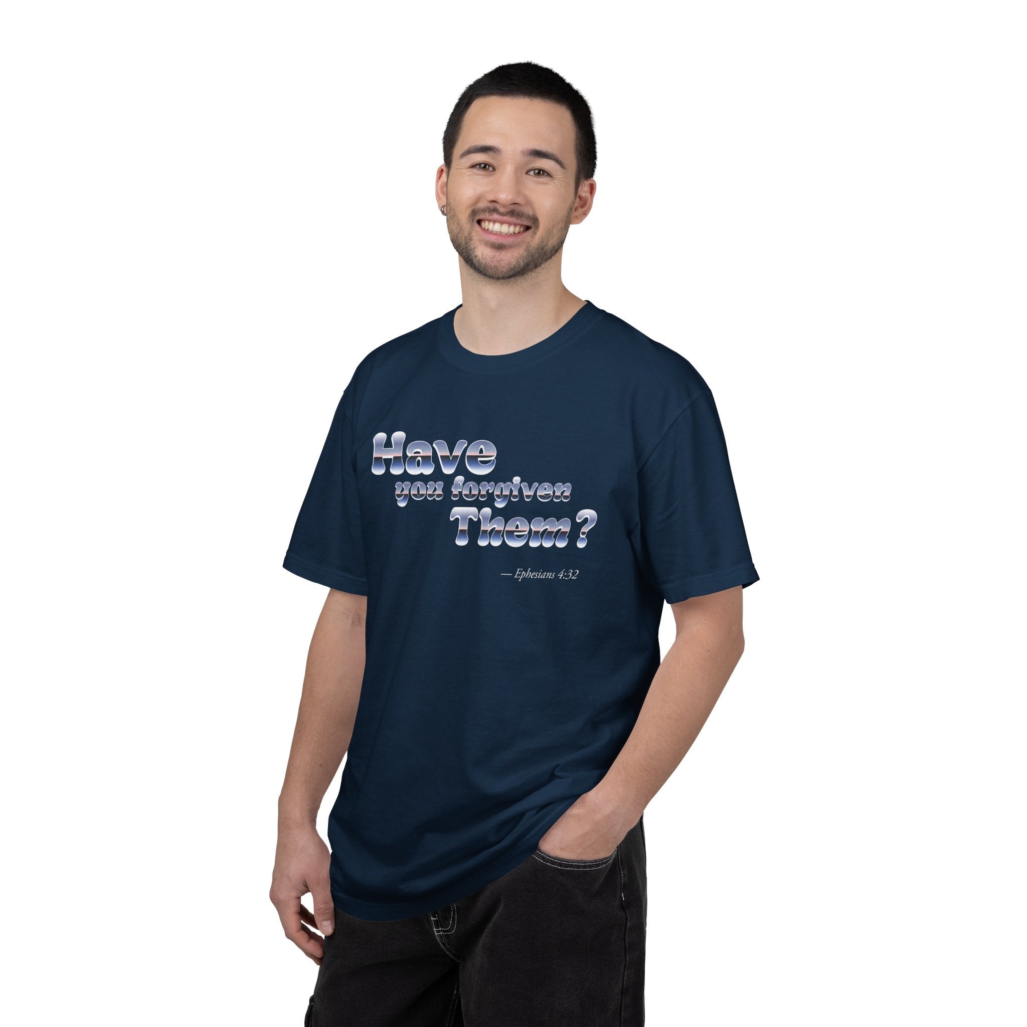 Man wearing a navy blue t-shirt with text on a white background