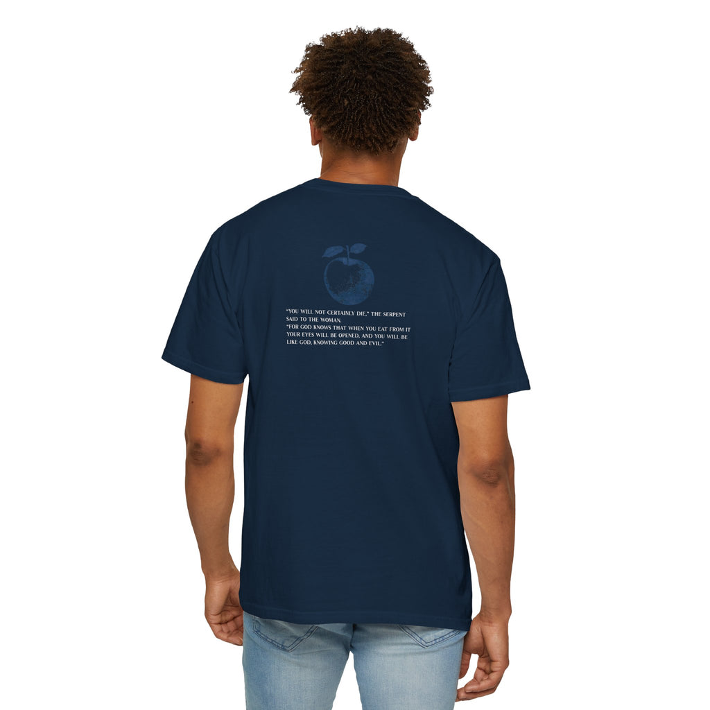 Person wearing a navy blue t-shirt with text and graphics on the back, standing against a white background.