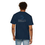 Person wearing a navy blue t-shirt with text and graphics on the back, standing against a white background.