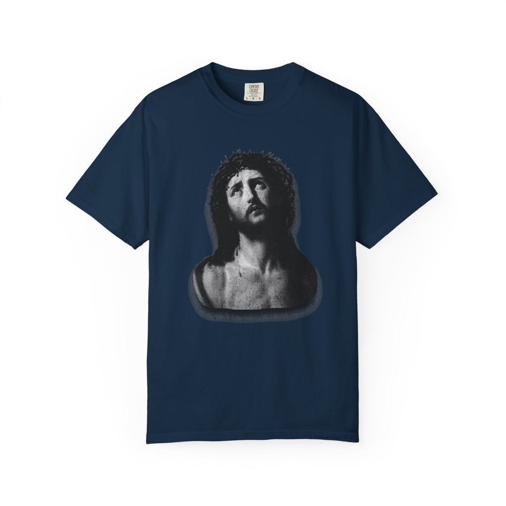 Navy blue t-shirt with a black and white graphic of a classical bust on a white background