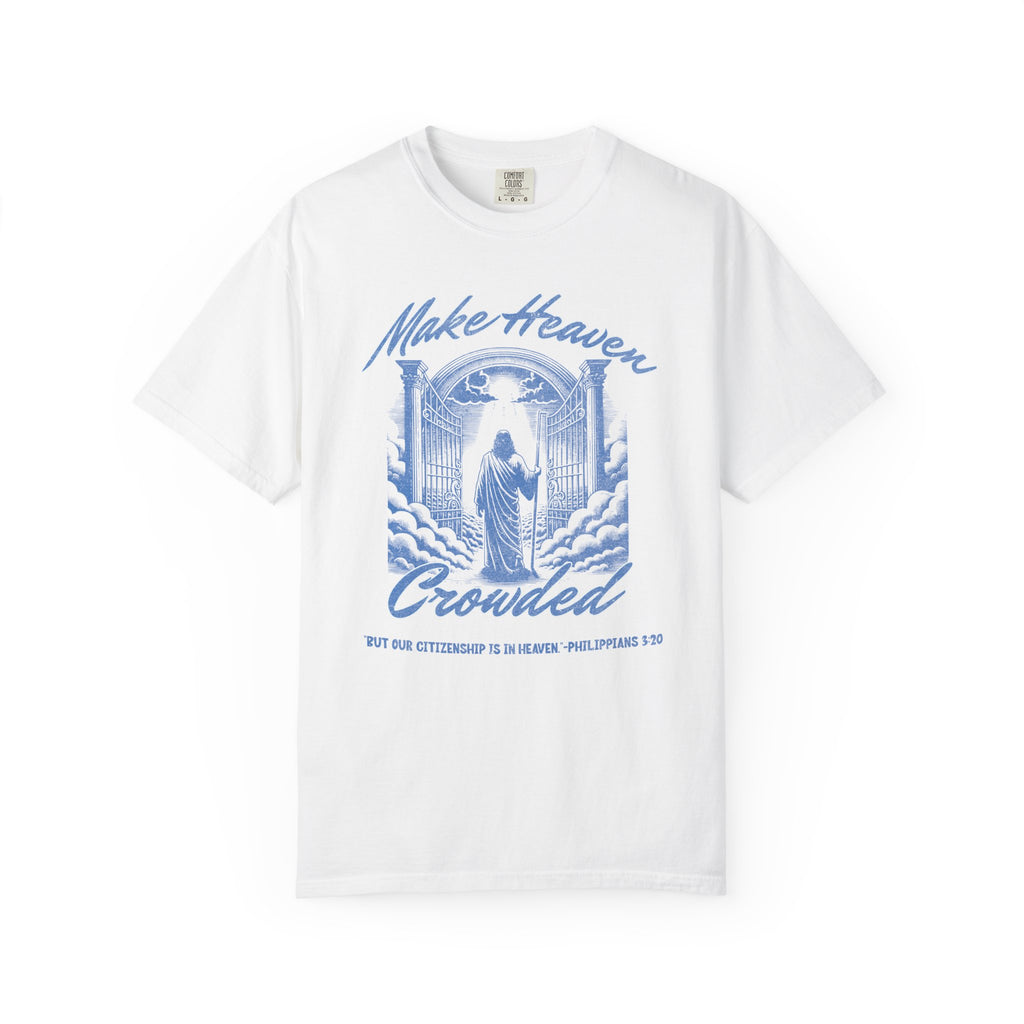 White t-shirt with blue graphic and text on a white background