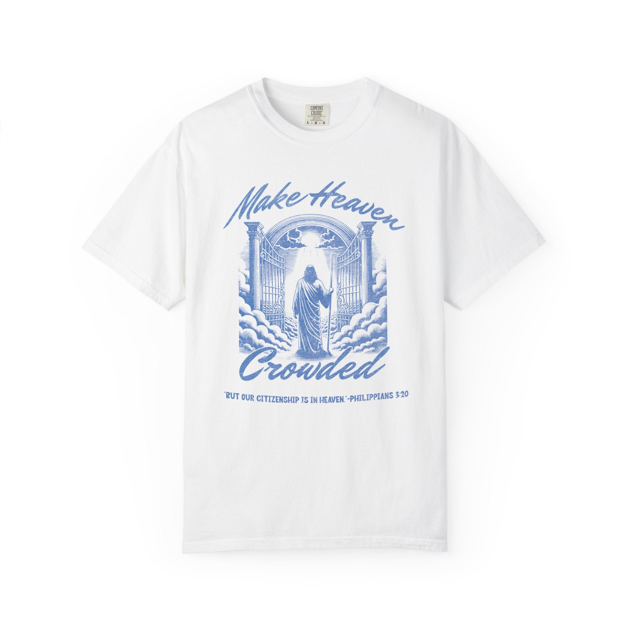 White t-shirt with blue graphic and text on a white background