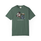 Green t-shirt with a graphic design on a white background