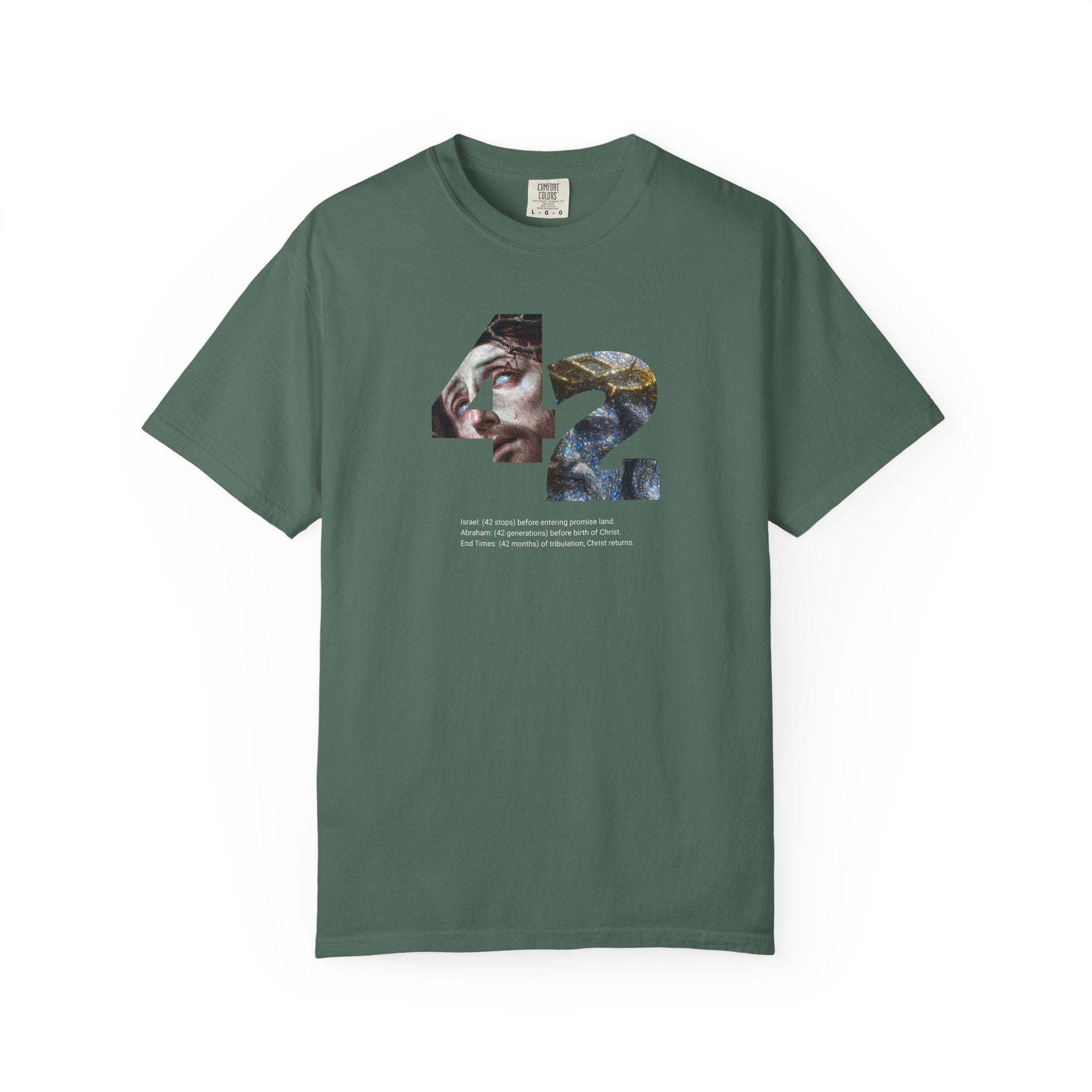 Green t-shirt with a graphic design on a white background