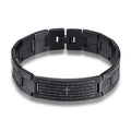 Black metal bracelet with engraved text on a white background