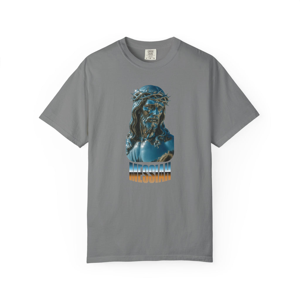 Gray t-shirt with a graphic of a religious figure on a white background