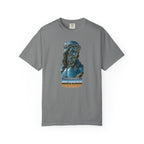 Gray t-shirt with a graphic of a religious figure on a white background