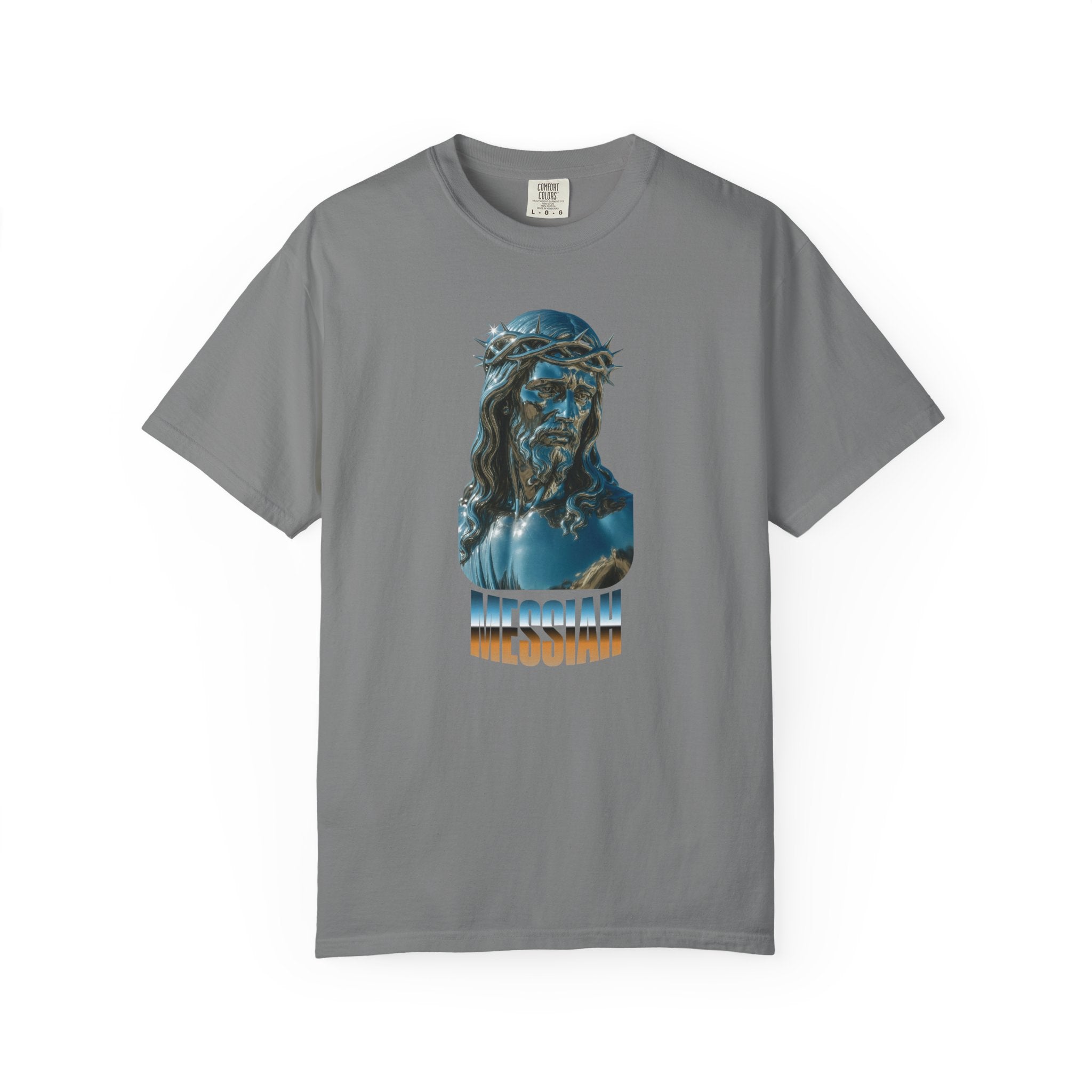 Gray t-shirt with a graphic of a religious figure on a white background