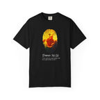Black t-shirt with a colorful graphic and text on a white background
