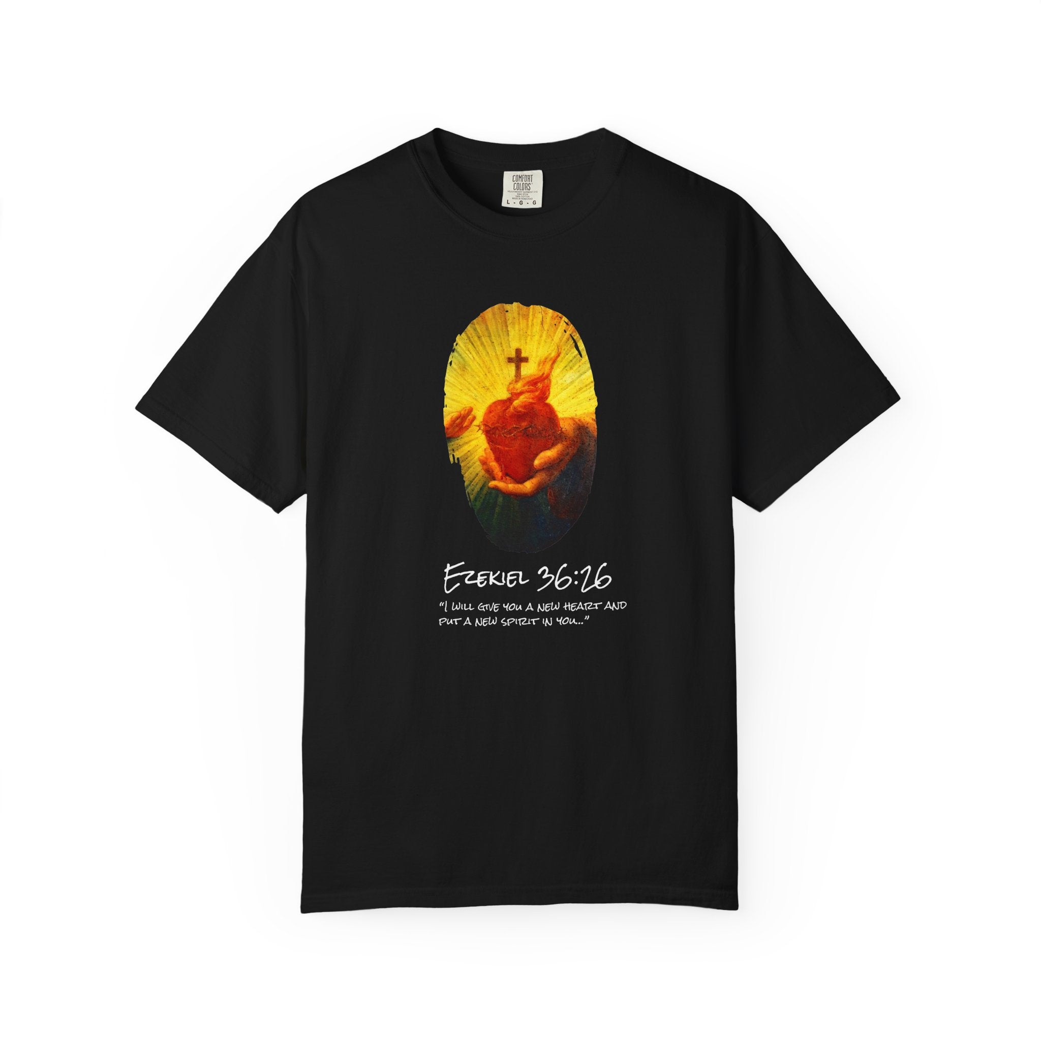 Black t-shirt with a colorful graphic and text on a white background