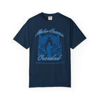 Navy blue t-shirt with blue graphic design on a white background