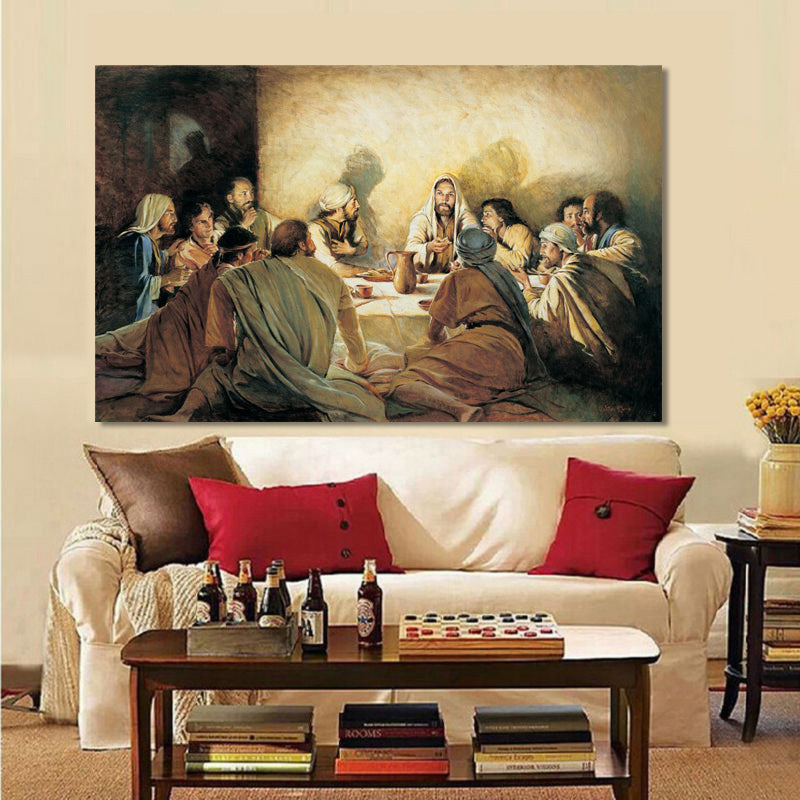Living room with a painting of a religious scene above a beige sofa with red pillows.