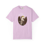 Pink t-shirt with angel graphic and text on a white background