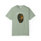 Light green t-shirt with a graphic design and text on a white background