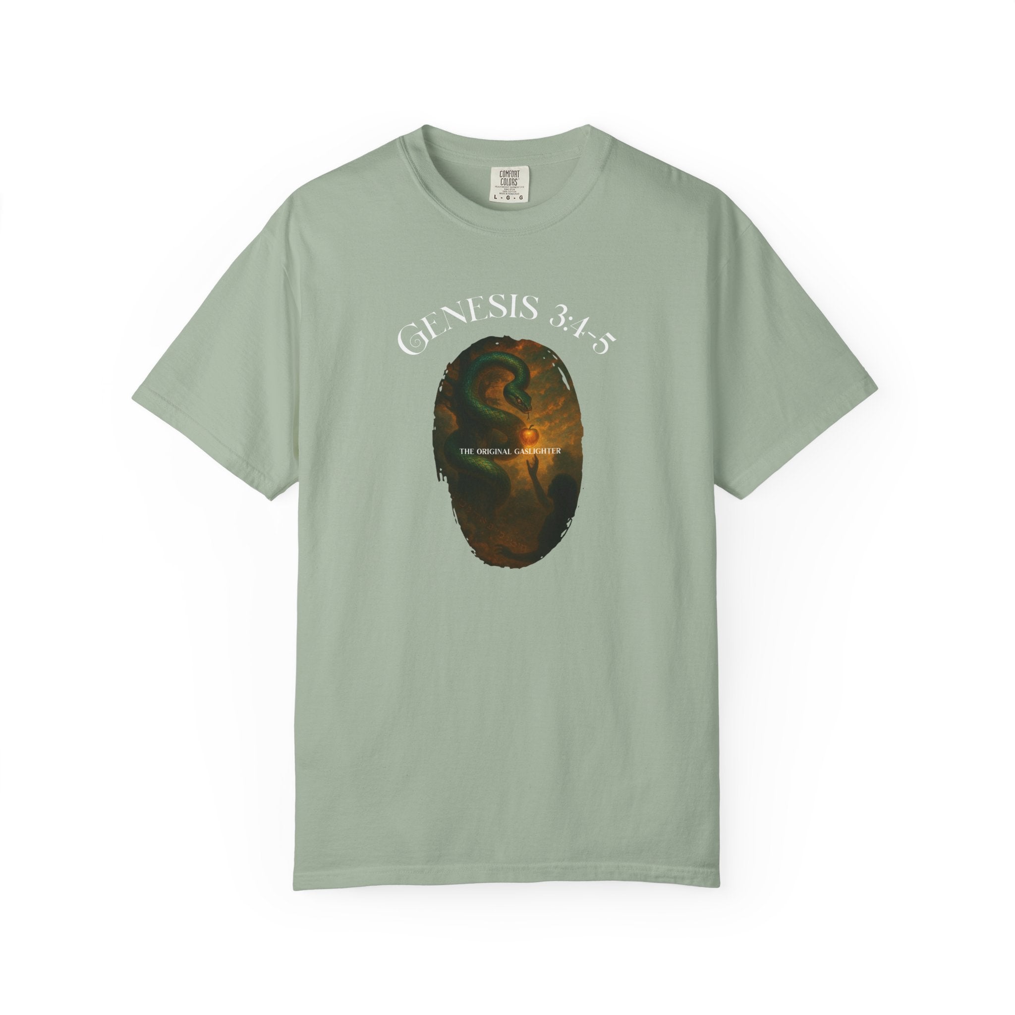Light green t-shirt with a graphic design and text on a white background