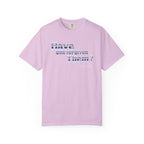 Light purple t-shirt with text on a white background