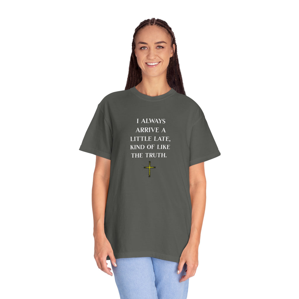 Woman wearing a gray t-shirt with text on a white background
