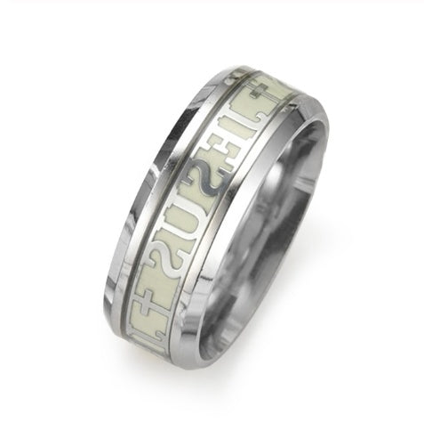 Silver ring with engraved text on a white background