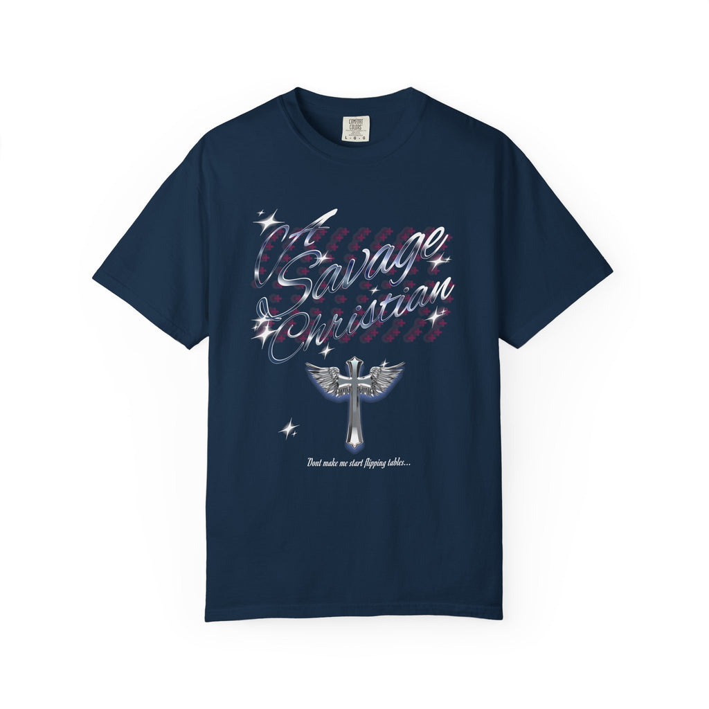 Navy blue t-shirt with 'Savage Christian' design on a white background
