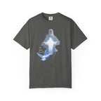 Gray t-shirt with a ghostly figure design on a white background