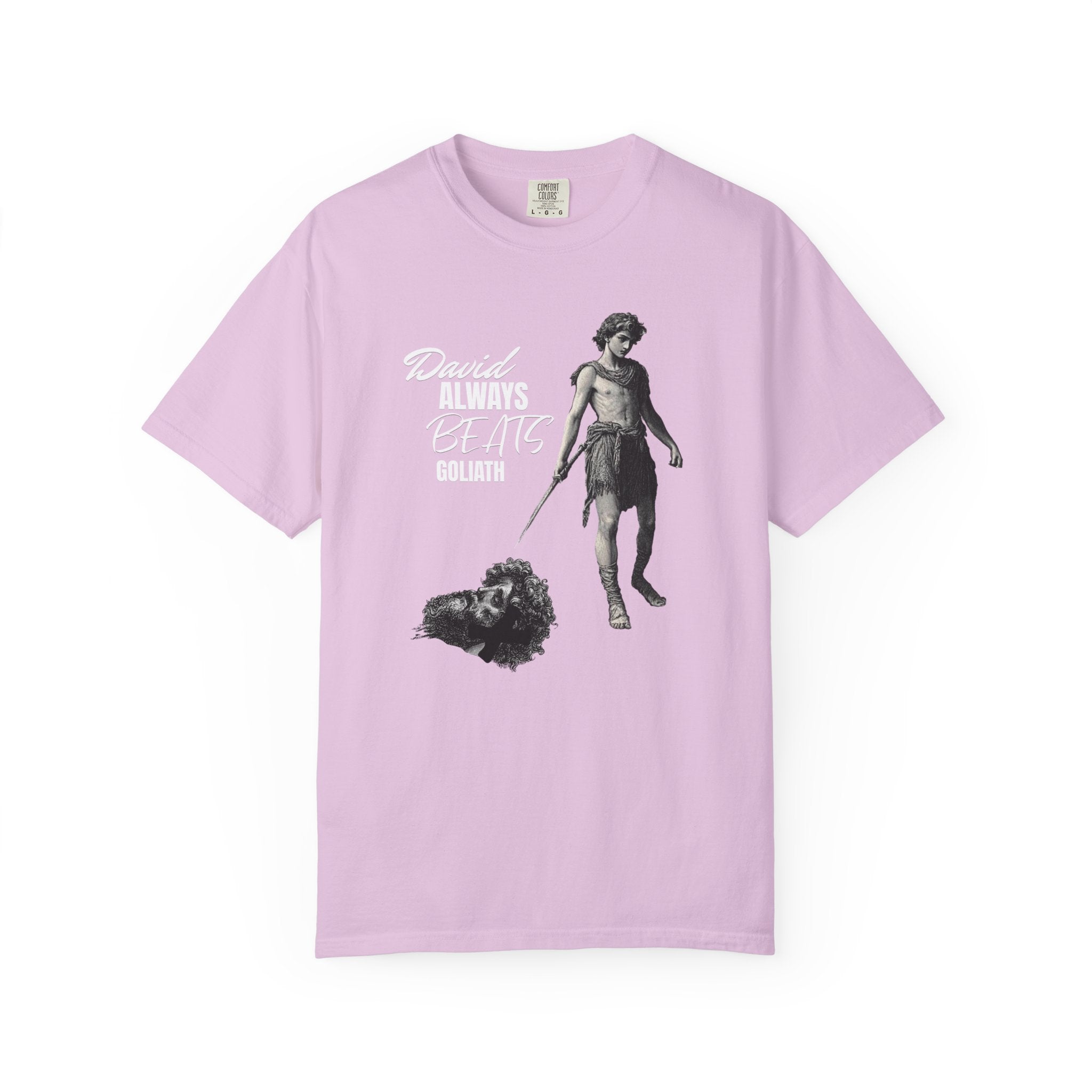 Pink t-shirt with graphic design and text on a white background