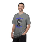 Man wearing a gray t-shirt with a graphic and text on a white background